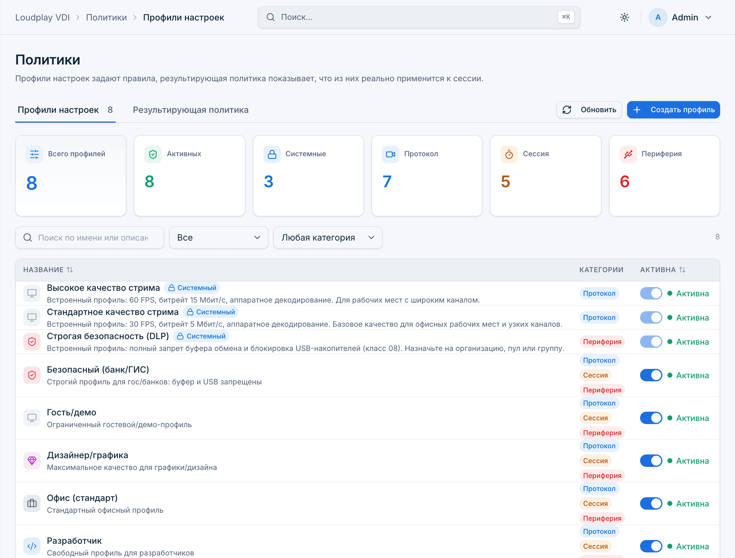 Профили настроек в Loudplay VDI: стандартное и высокое качество стрима, строгая безопасность DLP, профили для банков и ГИС