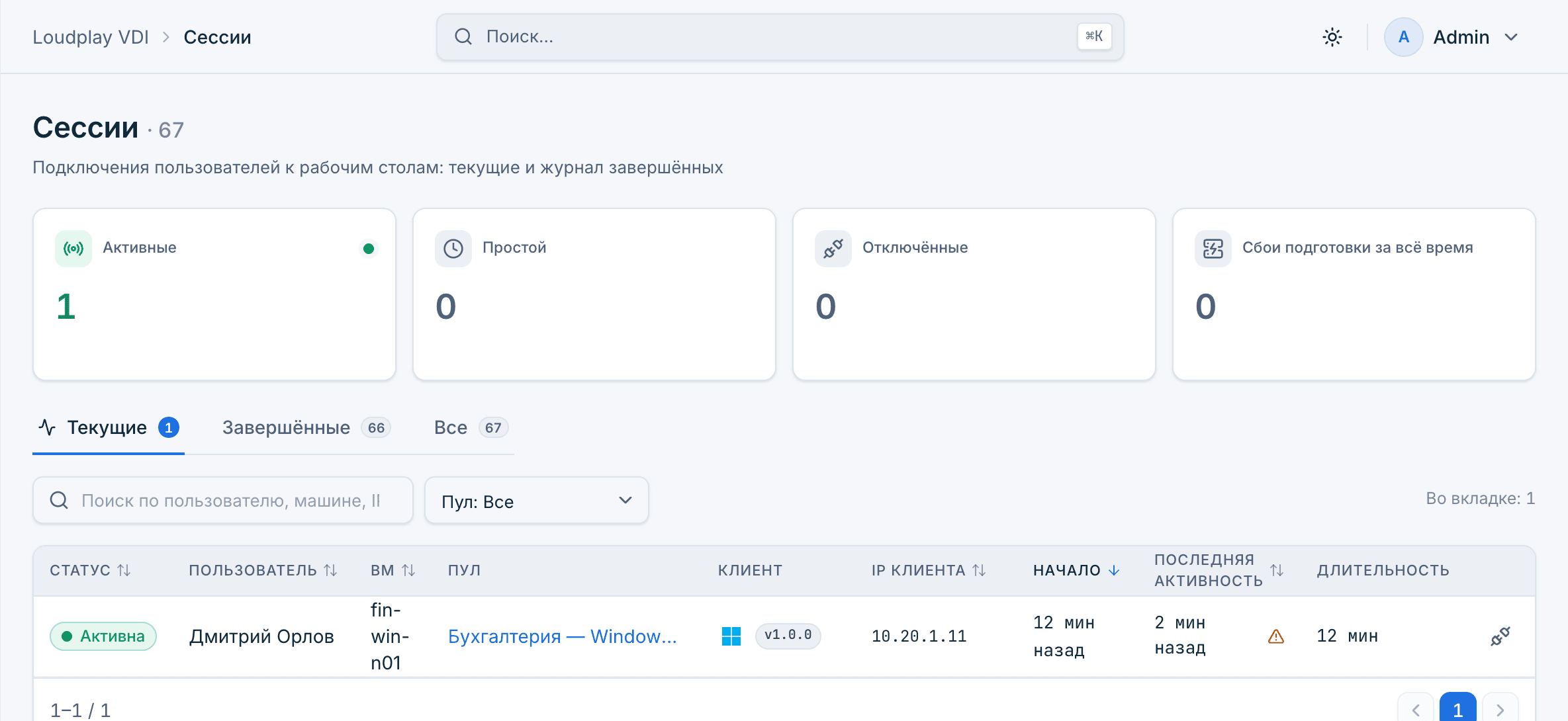 Сессии в Панели управления Loudplay VDI: активная сессия пользователя в пуле «Бухгалтерия — Windows 10», клиент Windows, приложение 1.0.0